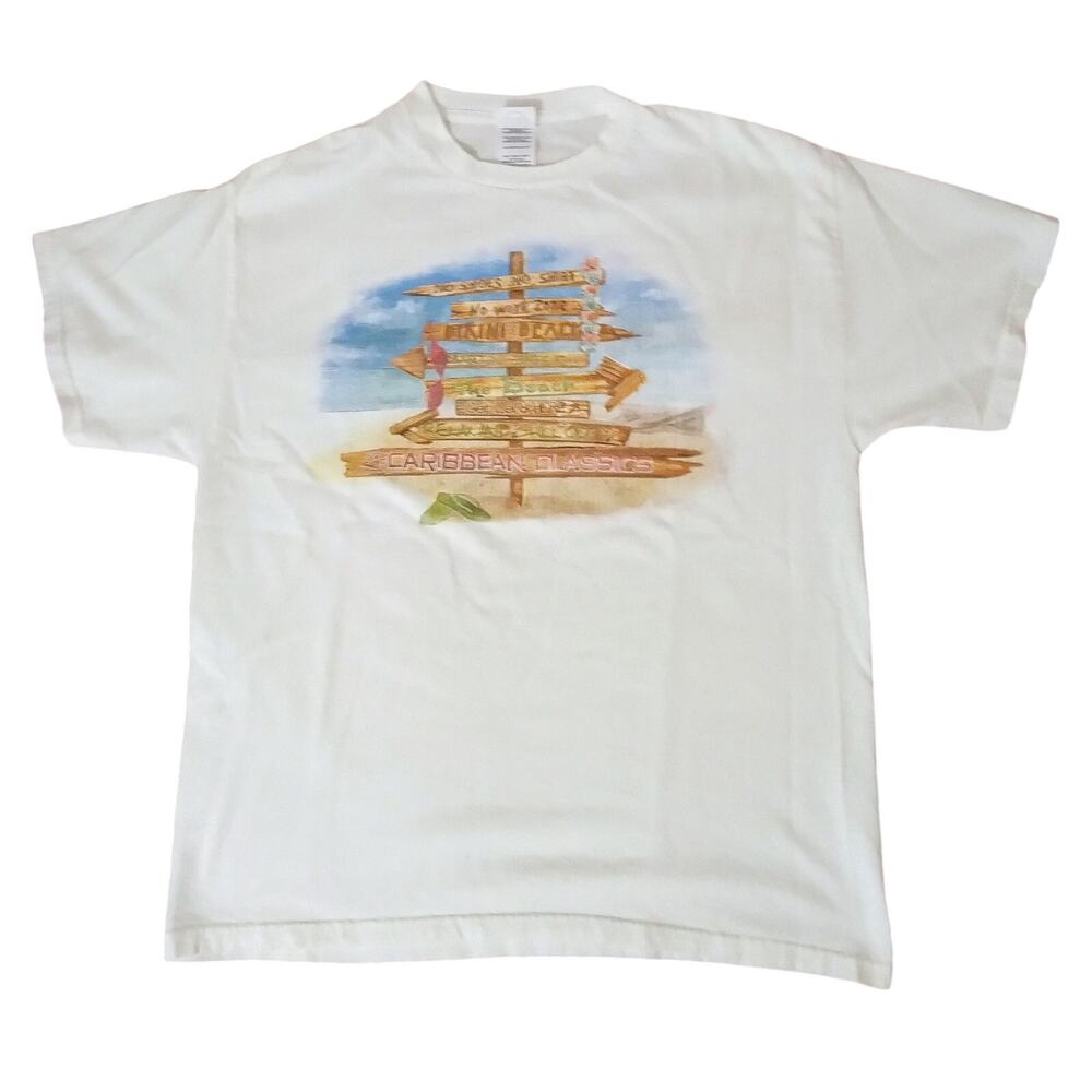 Vintage Y2K Caribbean Signpost Graphic Tee Delta Pro Weight Beach Shirt SZ L